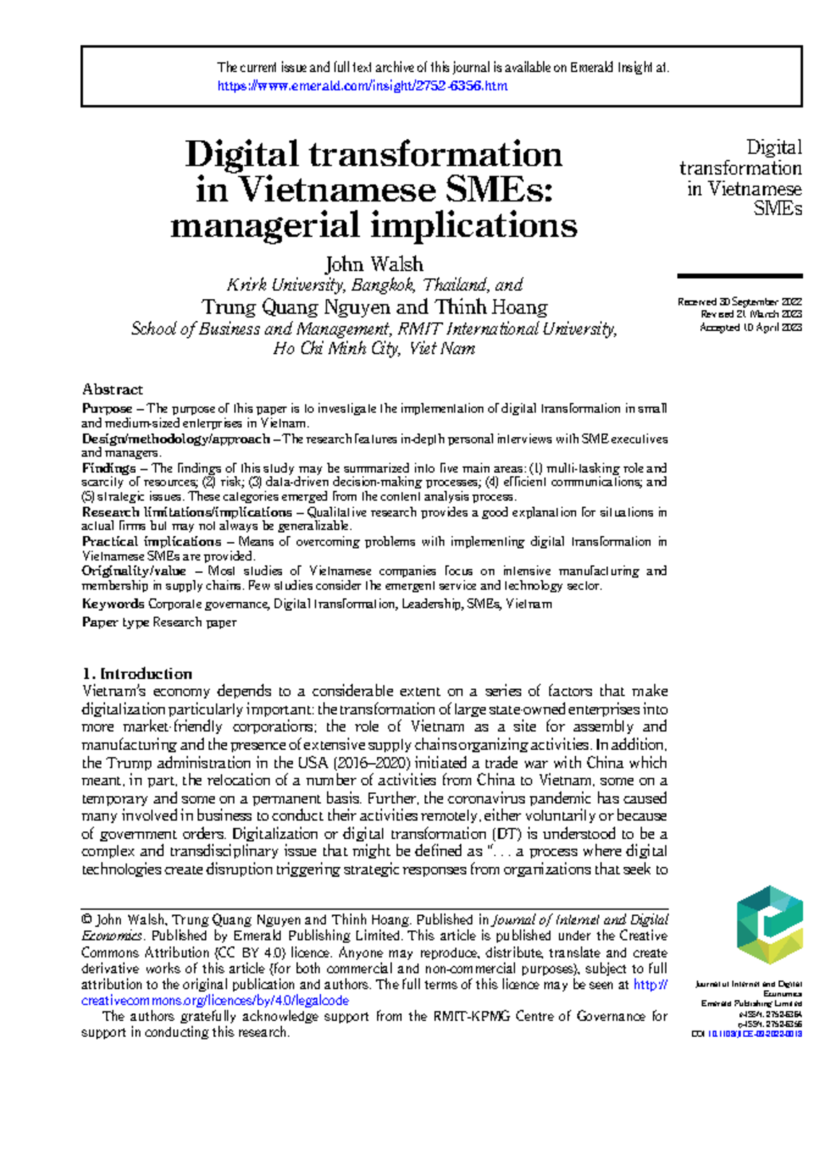 Digital Transformation in Vietnamese SMEs: Managerial Insights and ...
