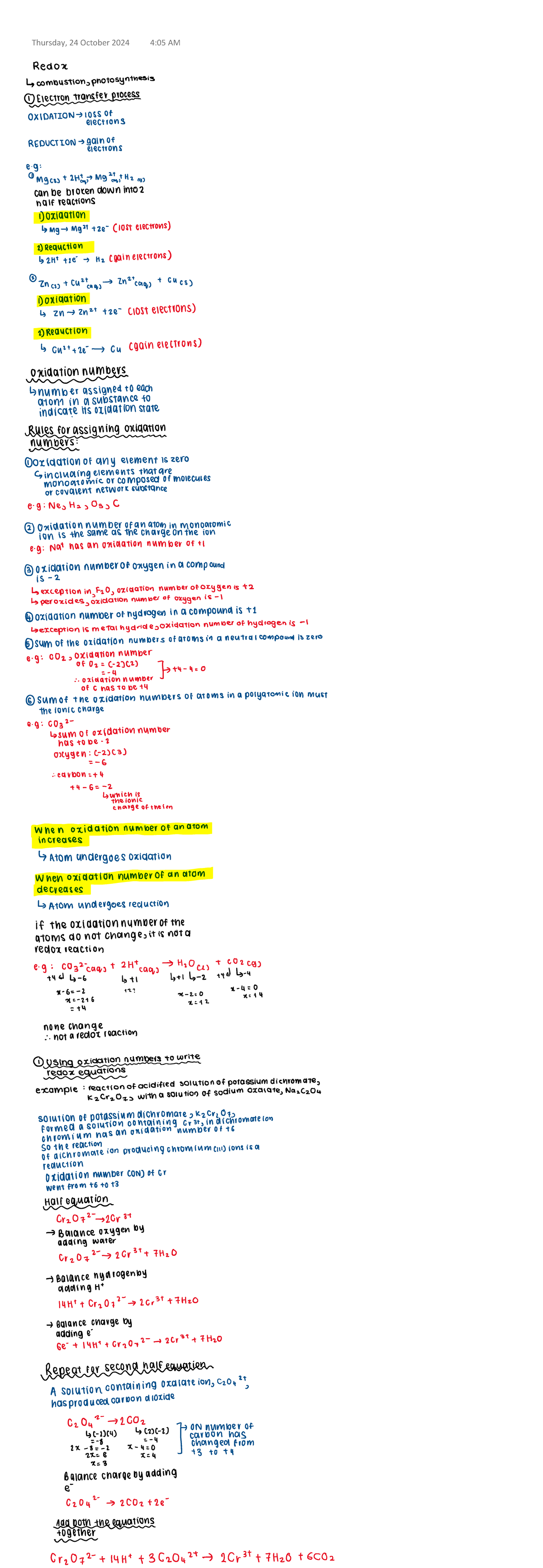 Redox Reactions and Oxidation Numbers: A Study Guide for SCI101 - Studocu