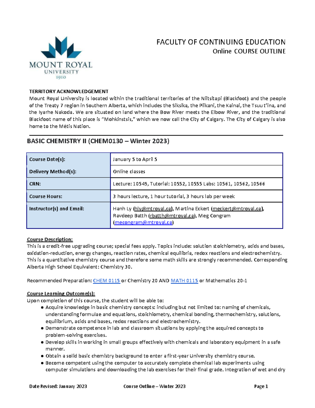 CHEM 0130 Course Outline & Schedule for Winter 2023 (Online) - Studocu