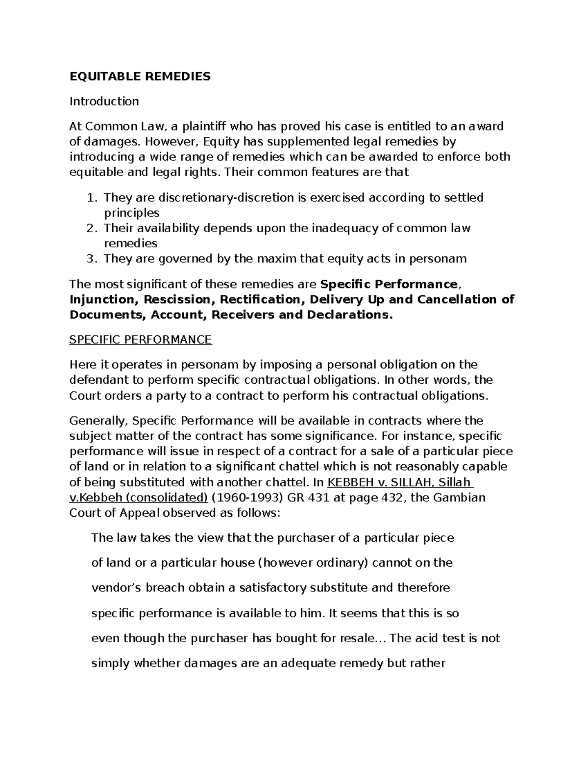 Equitable Remedies: Specific Performance, Injunctions & Rescission ...