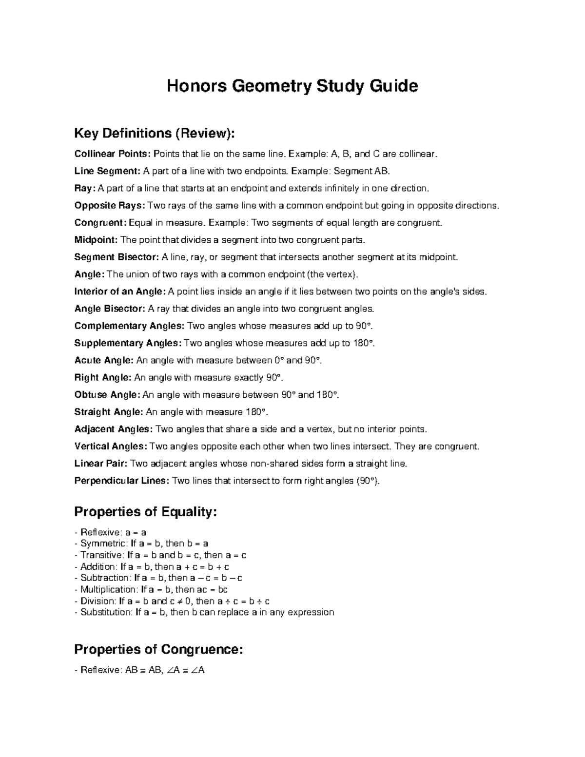 Honors Geometry Study Guide: Key Definitions & Properties - Studocu