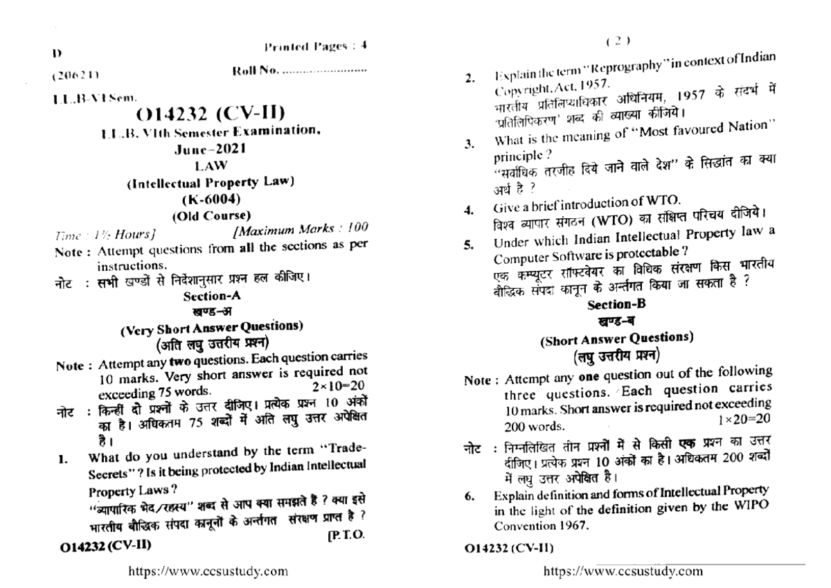LLB VI Sem Intellectual Property Law Exam Notes O14232 - Jun 2021 - Studocu