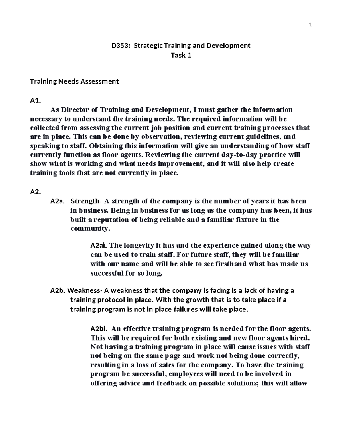 Task 1 - Task 1 Strategic training - 1 D353: Strategic Training and ...