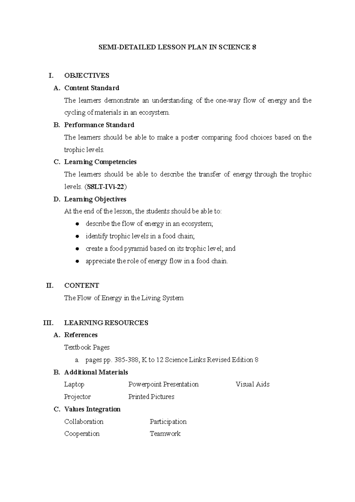 Science 8 Lesson Plan on Energy Flow and Trophic Levels - Studocu