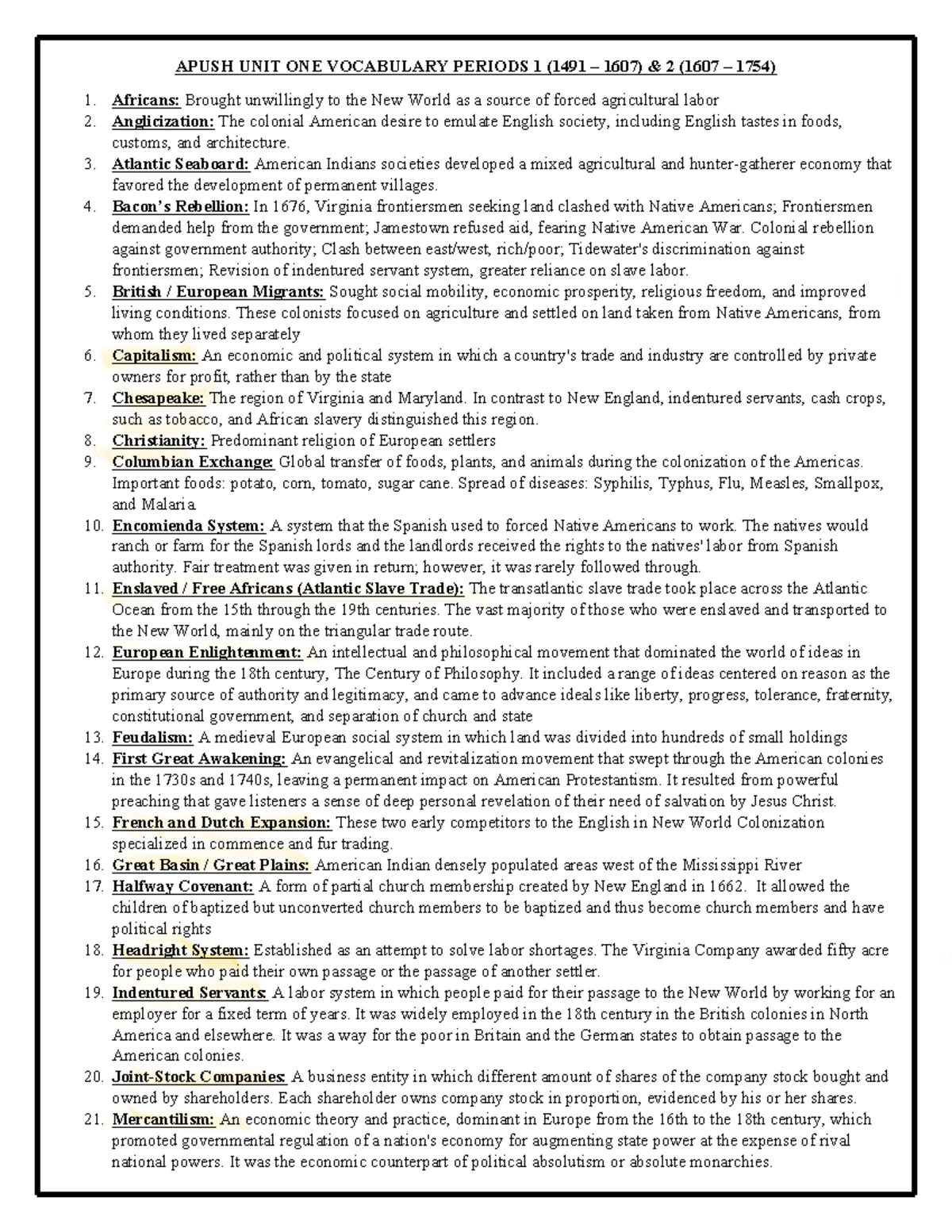 APUSH Unit 1 Vocabulary: Key Terms (1491-1754) - Studocu