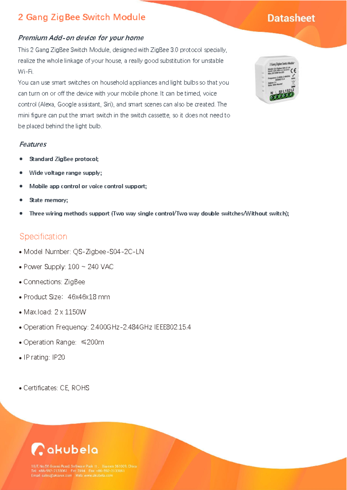 Akubela Add-on（QS-Zigbee-S04-2C-LN）2 Gang Zig Bee Switch Module ...