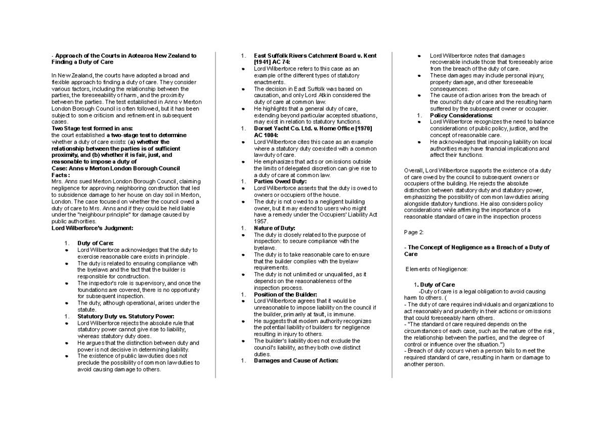 Tort Law Exam Notes: Duty of Care & Key Cases (LAW 101) - Studocu
