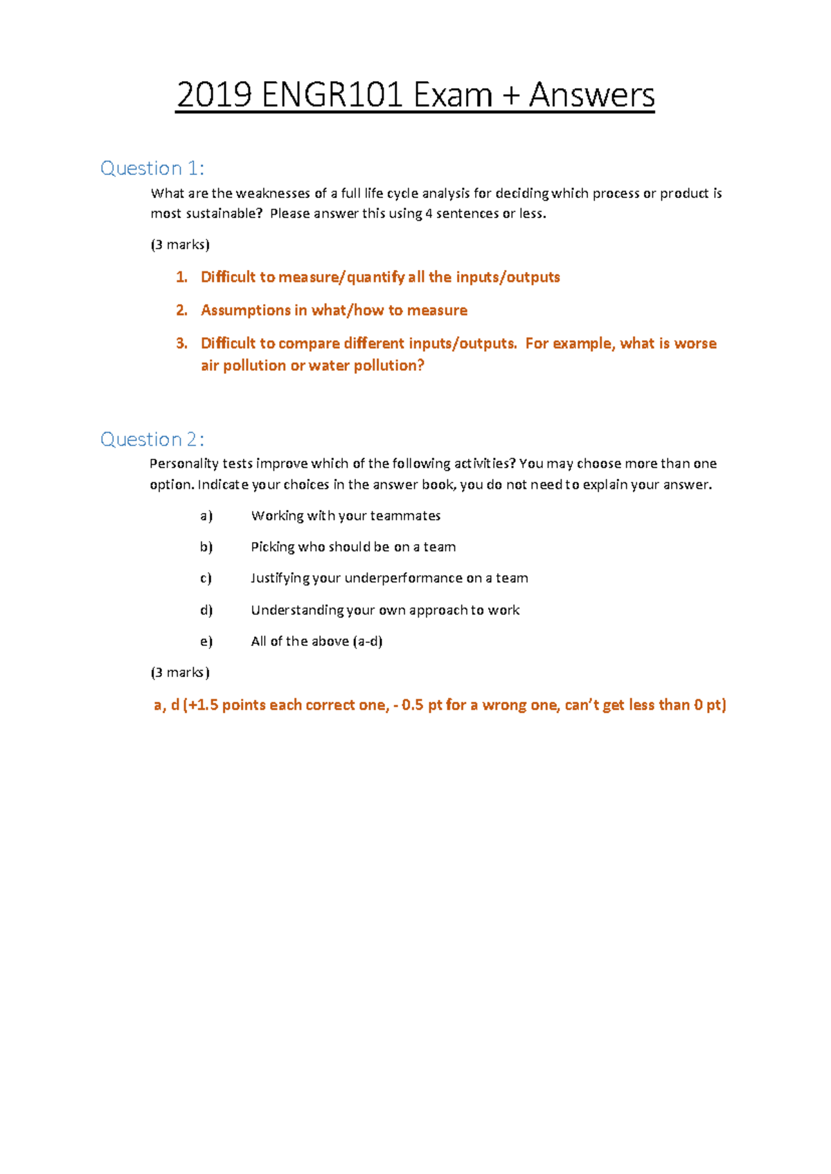 ENGR101 Exam 2019 + answers - 2019 ENGR101 Exam + Answers Question 1 ...