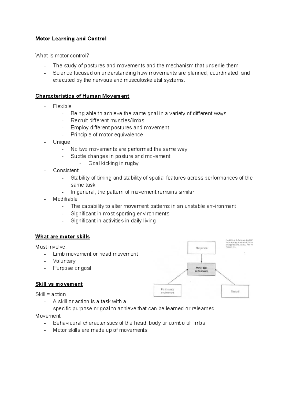 Motor Learning and Control (Course Code: TBD) - Key Concepts and ...