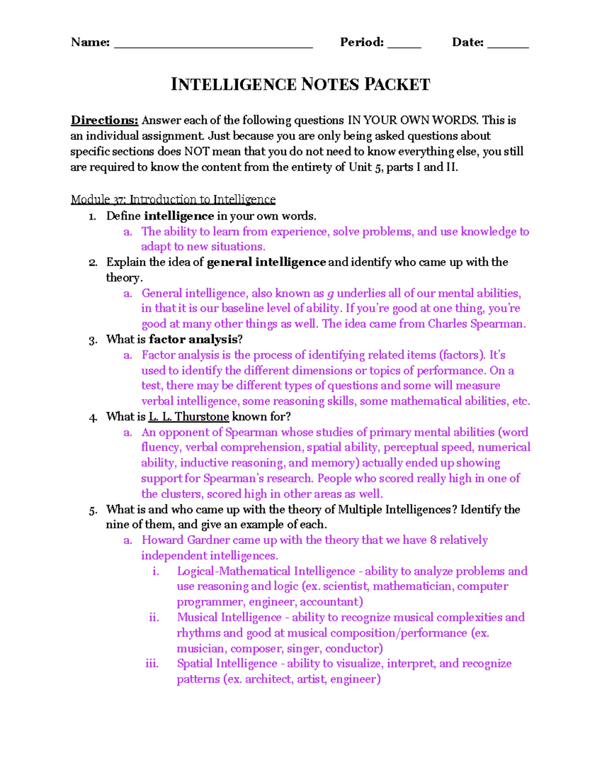 Answer Key for Intelligence Notes Packet (Unit 5) - Studocu