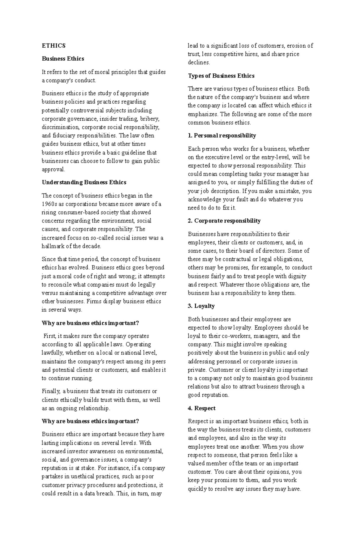 ETHICS 1 Midterm: Understanding Business Ethics and Responsibilities ...