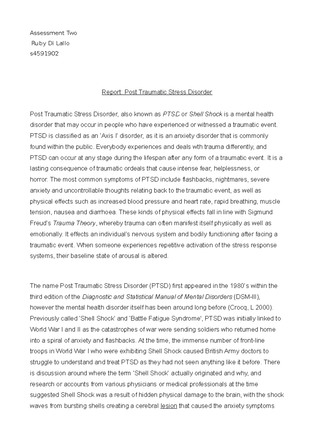 Assessment Two: Report on Post-Traumatic Stress Disorder (PTSD) - Studocu