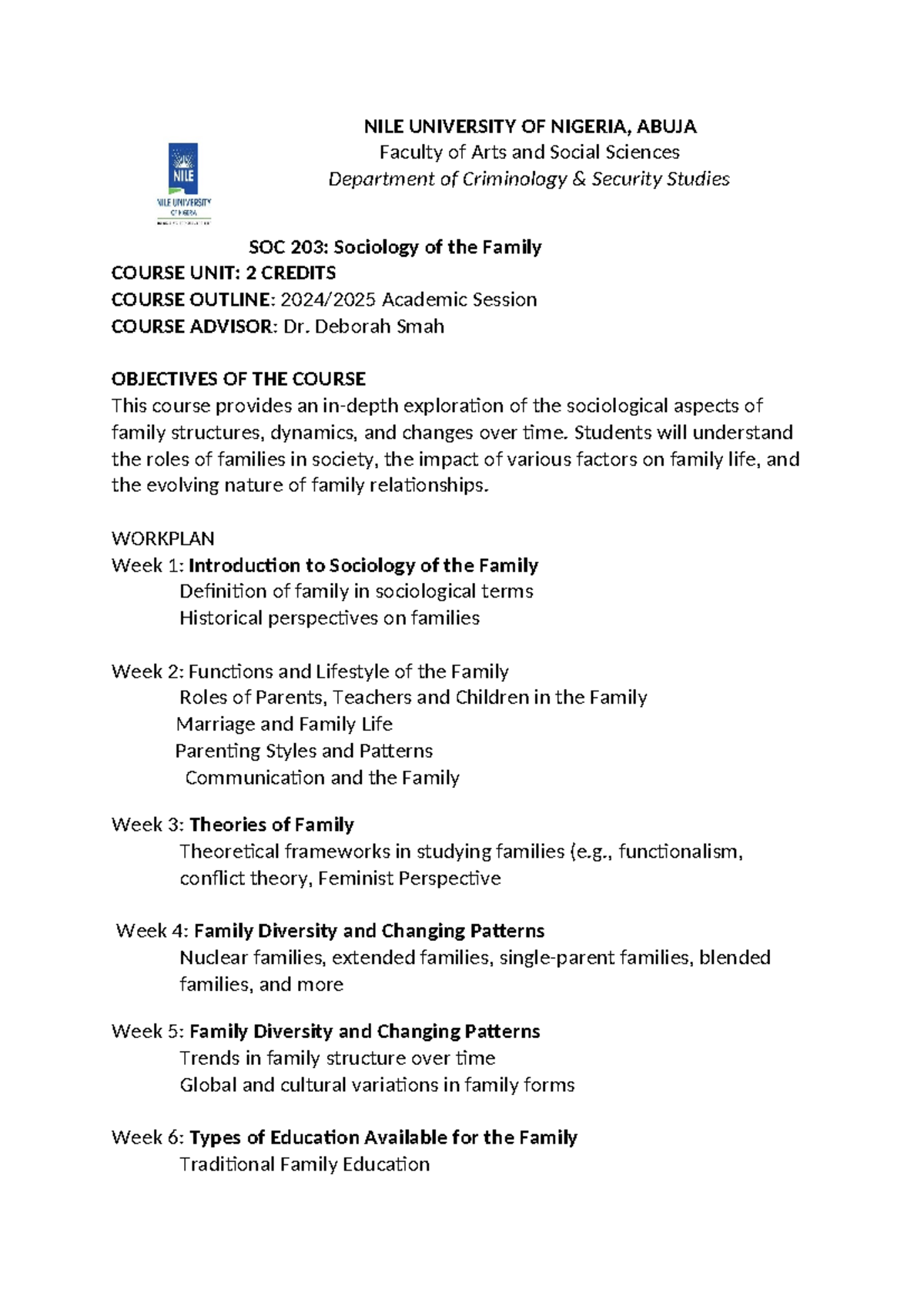SOC 203: Sociology of the Family Course Outline 2024/2025 - Studocu