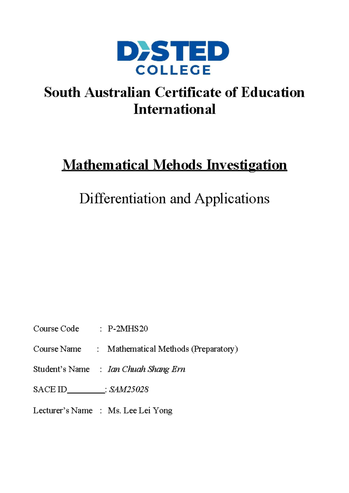 SACEi Mathematical Methods Investigation: Differentiation ...