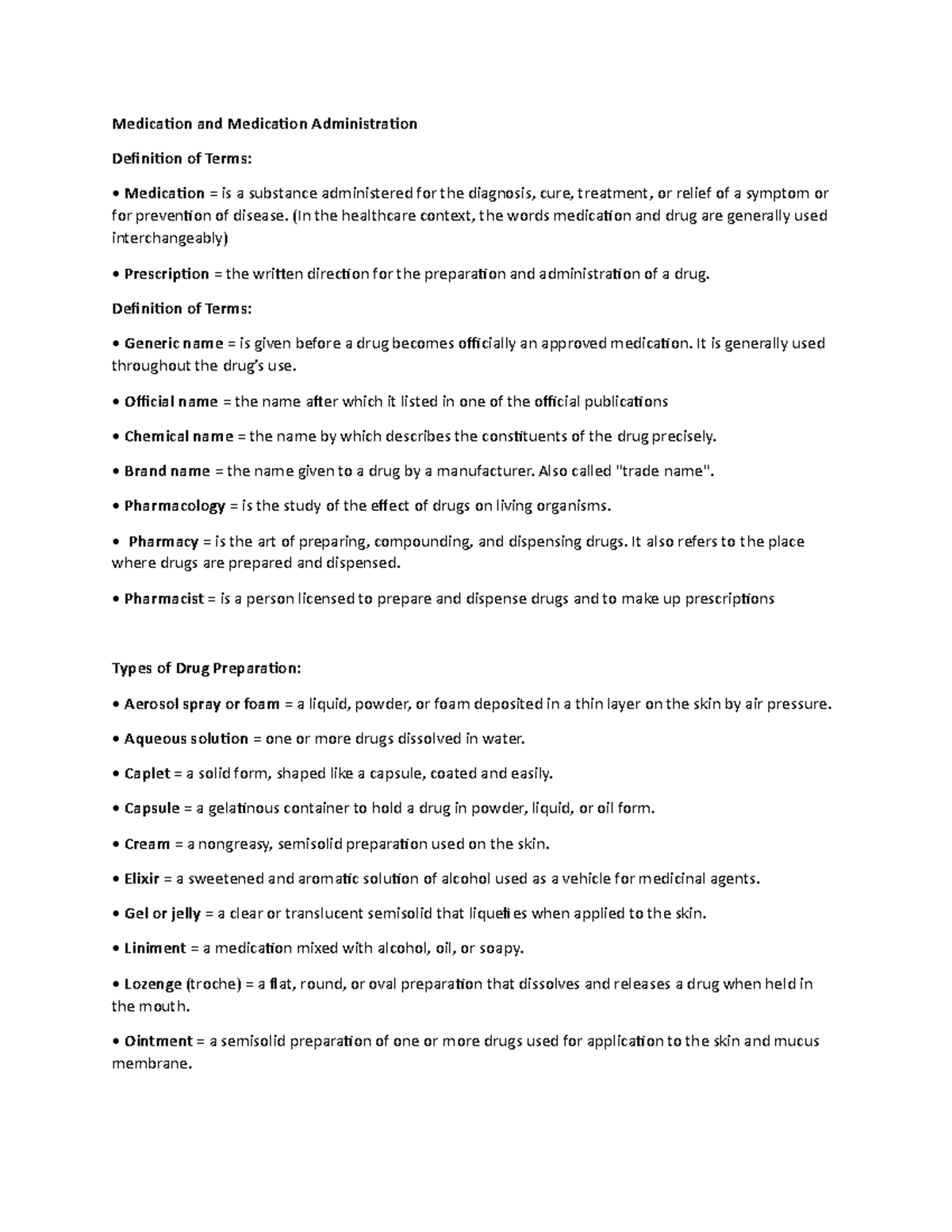 Fundamentals of Nursing: Medication Administration Review Summary - Studocu
