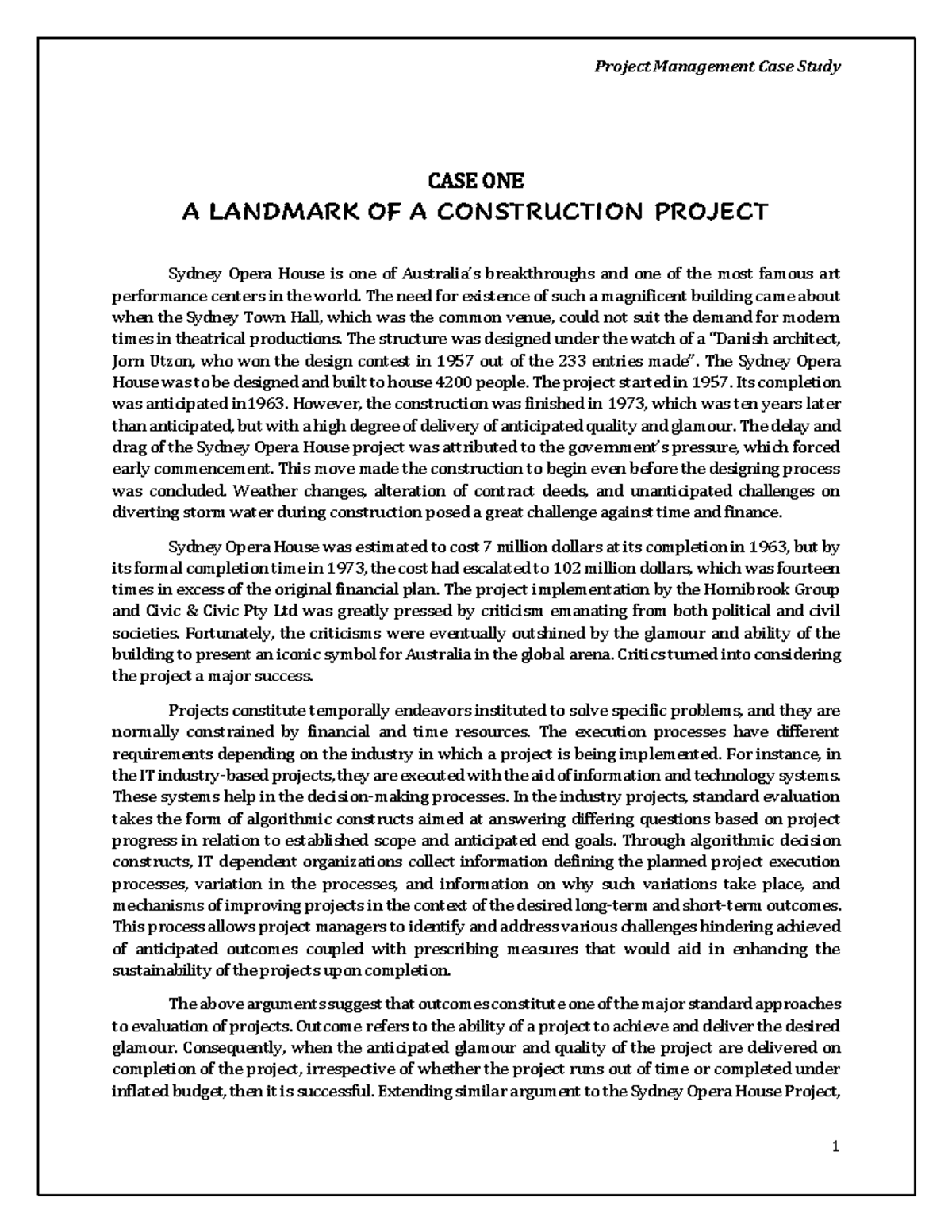 PM CASE 1: Sydney Opera House Project Management Case Study - Studocu