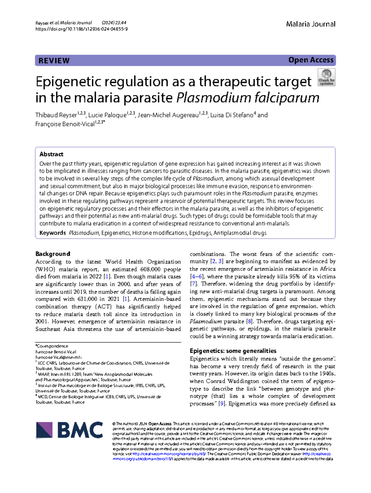 Epigenetic Regulation as a Therapeutic Target in Plasmodium falciparum ...