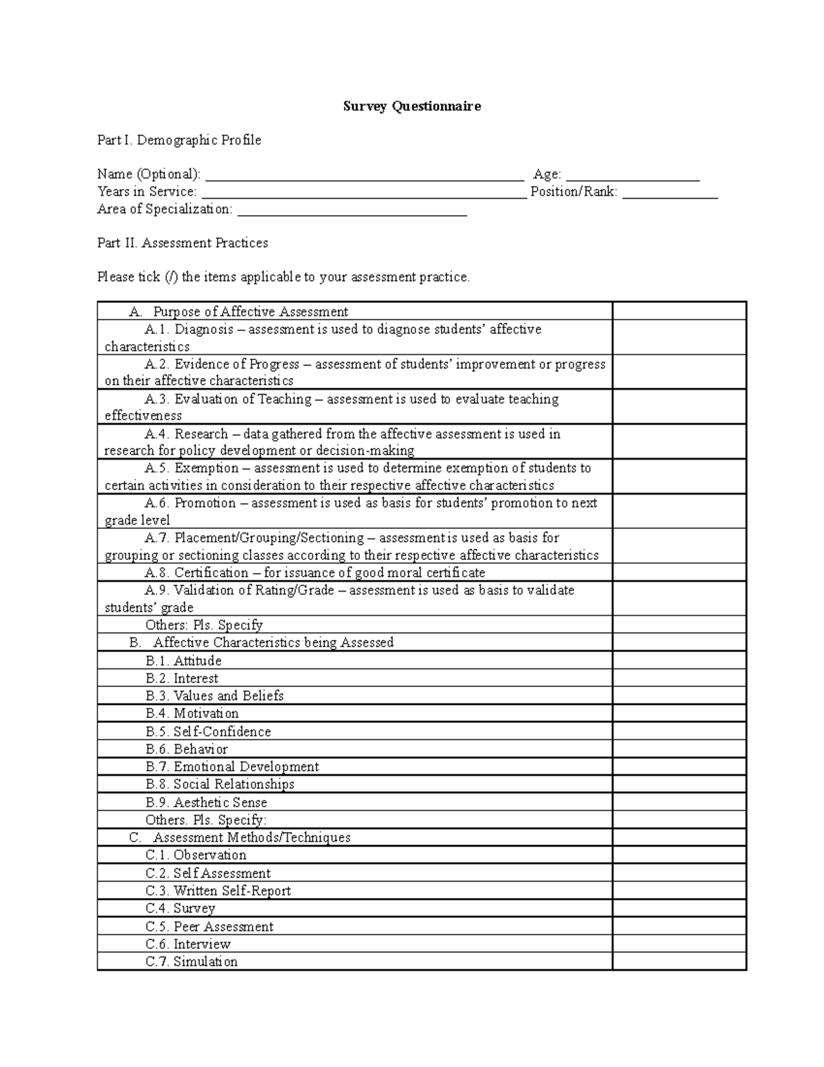 Final Questionnaire for Affective Assessment Practices - Studocu