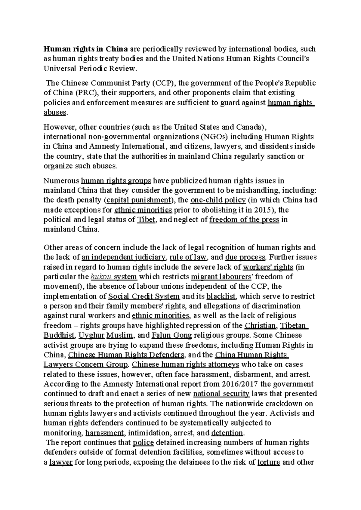 Human Rights in China: Overview of Current Issues and Challenges - Studocu