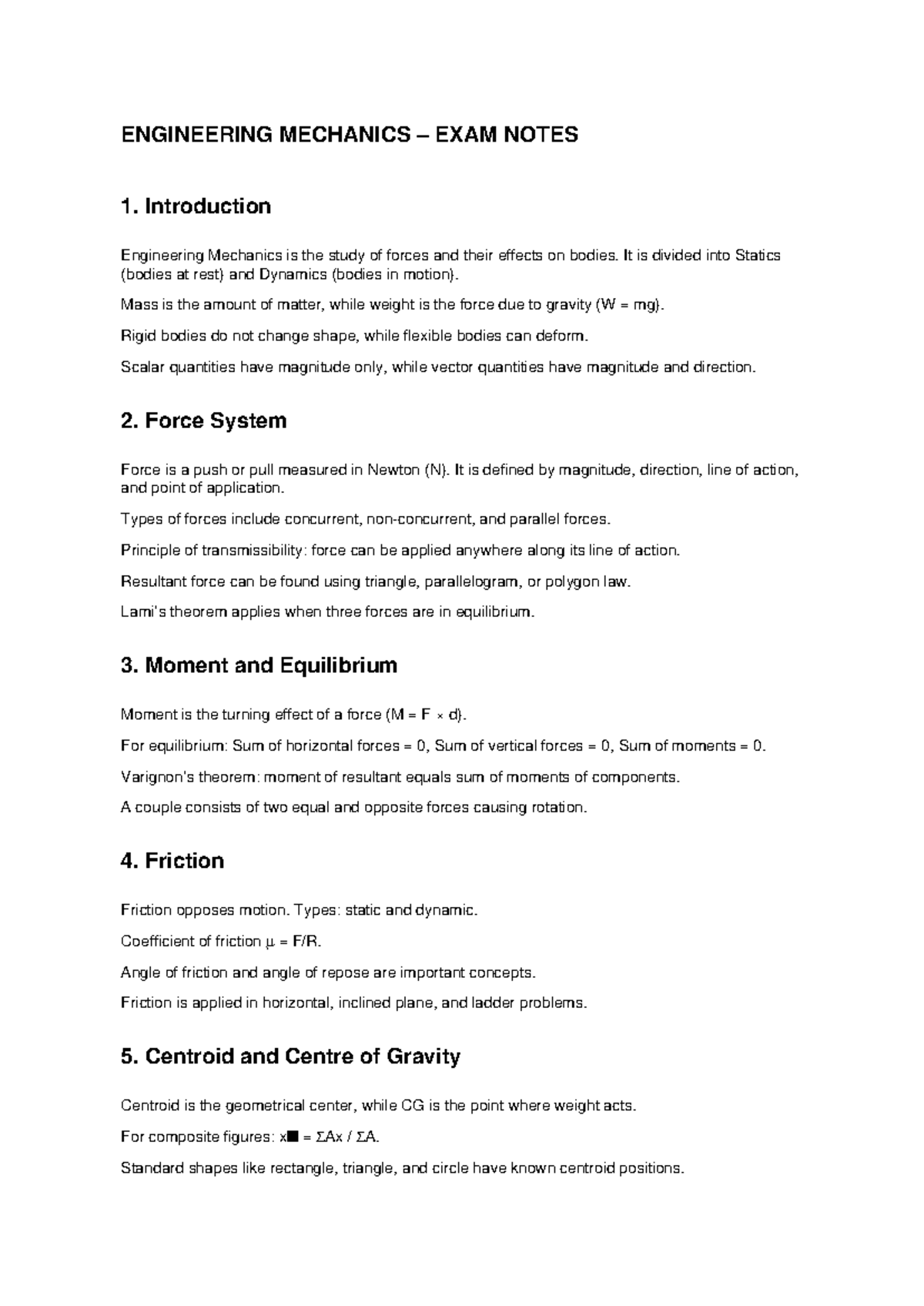 ENGR 101: Engineering Mechanics Exam Notes Overview - Studocu