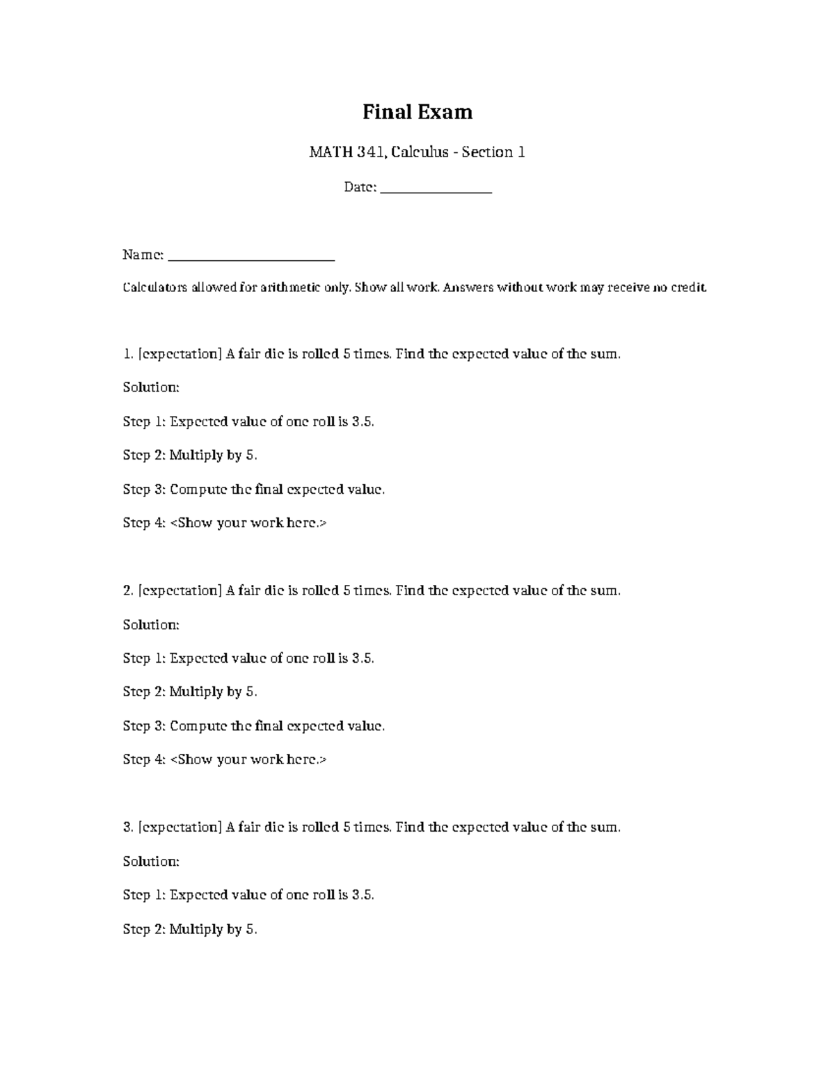Final Exam Solutions for MATH 341: Expected Value Calculations - Studocu