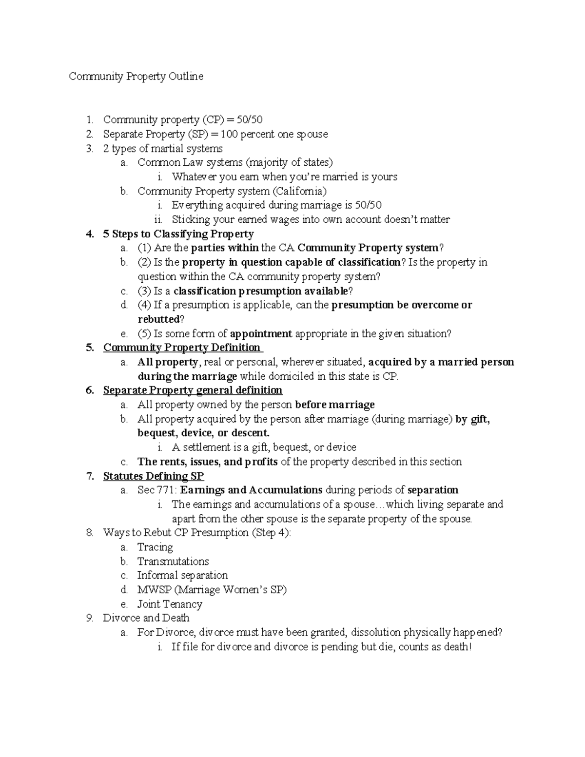California Community Property Outline for Legal Studies (LAW 502) - Studocu