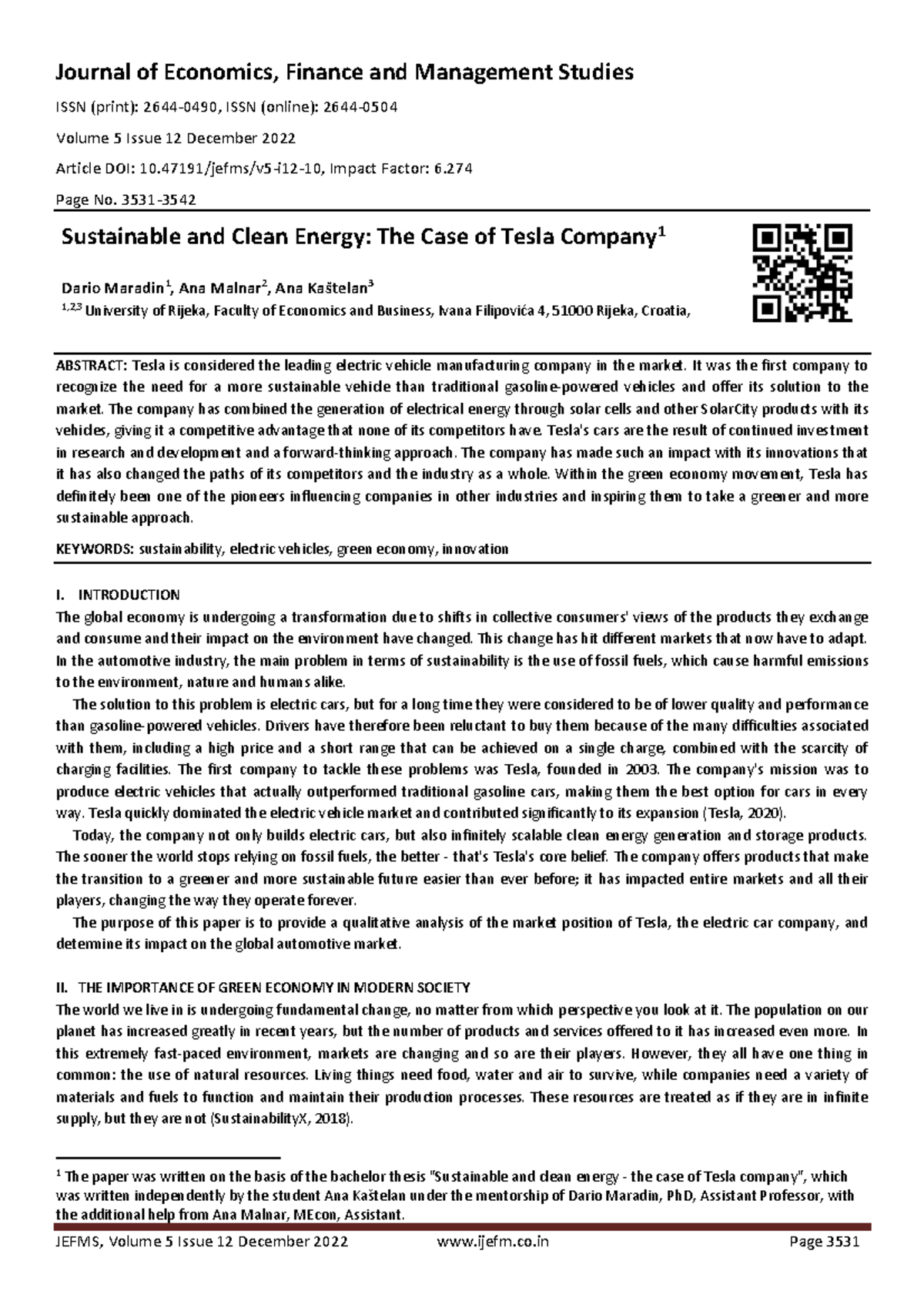 JEFMS 5(12): Sustainable and Clean Energy - The Tesla Case Study - Studocu