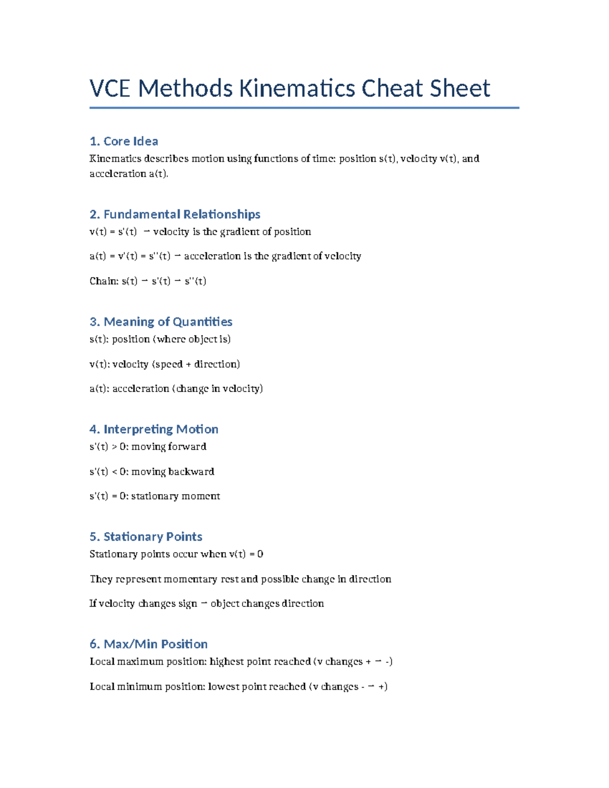 VCE Methods Kinematics Cheat Sheet: Key Concepts & Relationships - Studocu