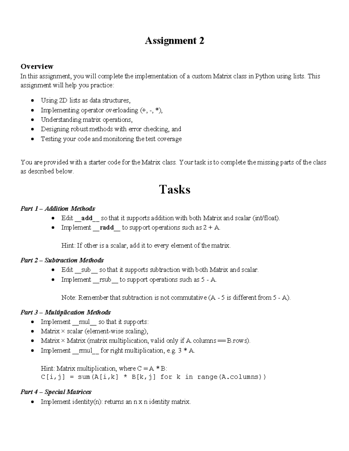 Assignment 2: Custom Matrix Class Implementation in Python - Studocu