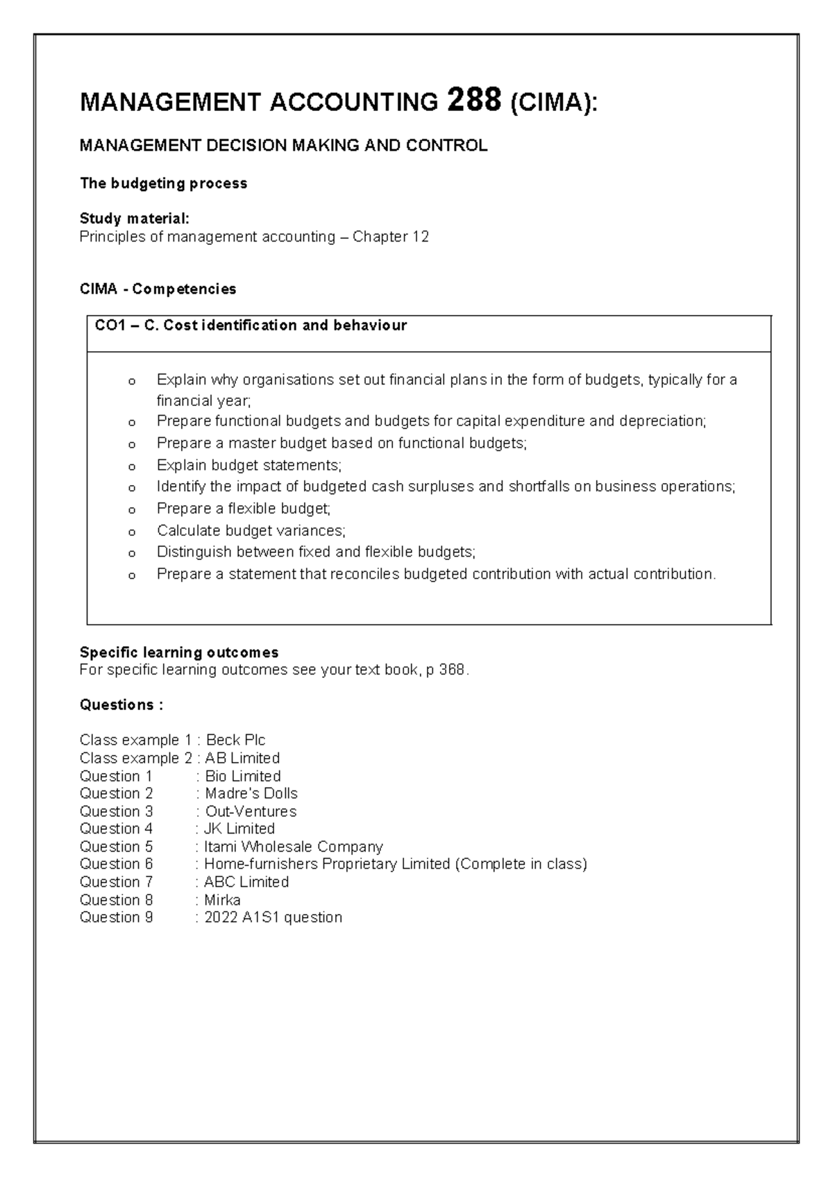 MANAGEMENT ACCOUNTING 288 (CIMA): BUDGETING PROCESS STUDY NOTES - Studocu