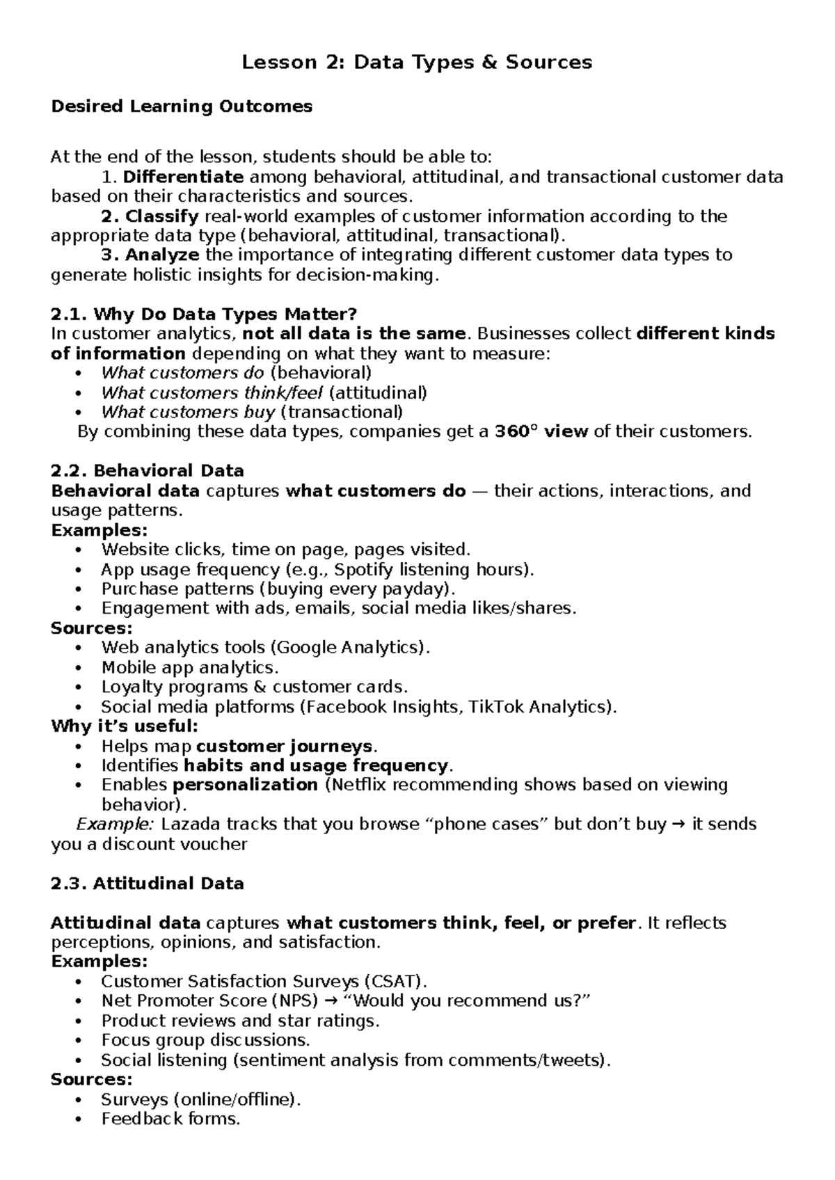 Lesson 2: Understanding Customer Data Types and Their Integration - Studocu