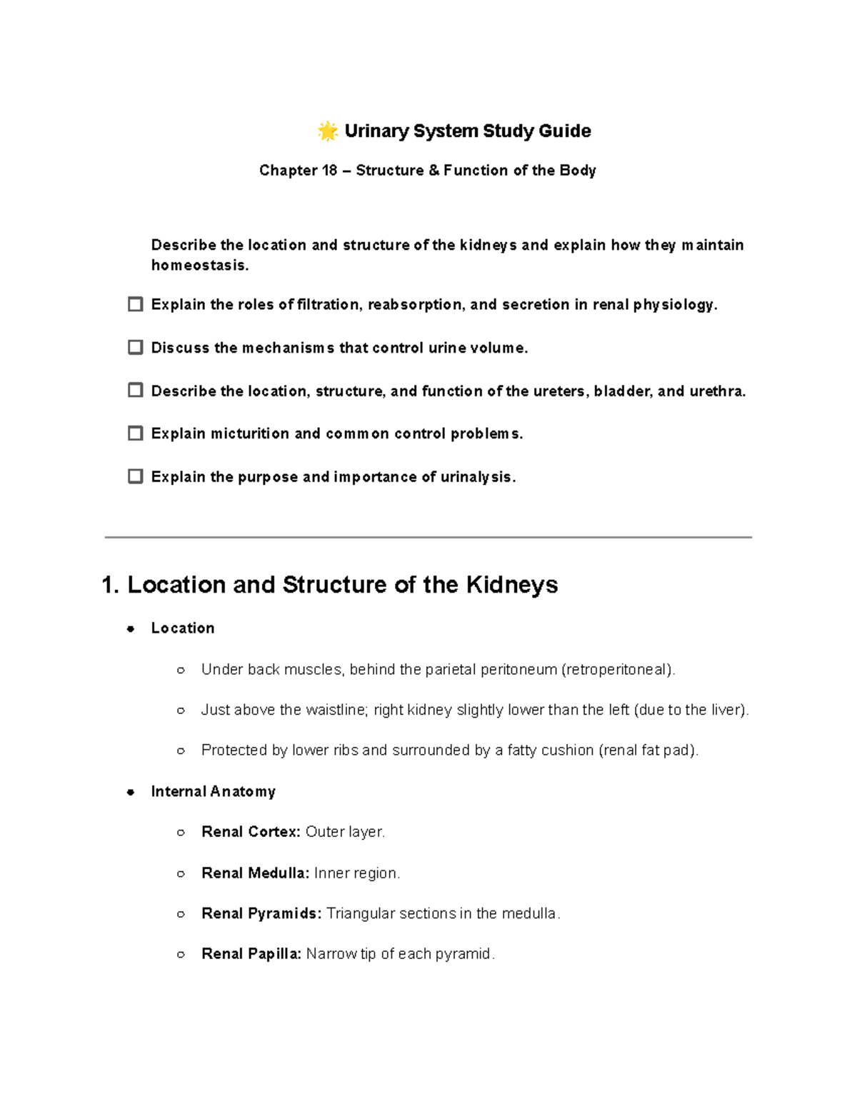Urinary System Study Guide: Chapter 18 Structure & Function - Studocu