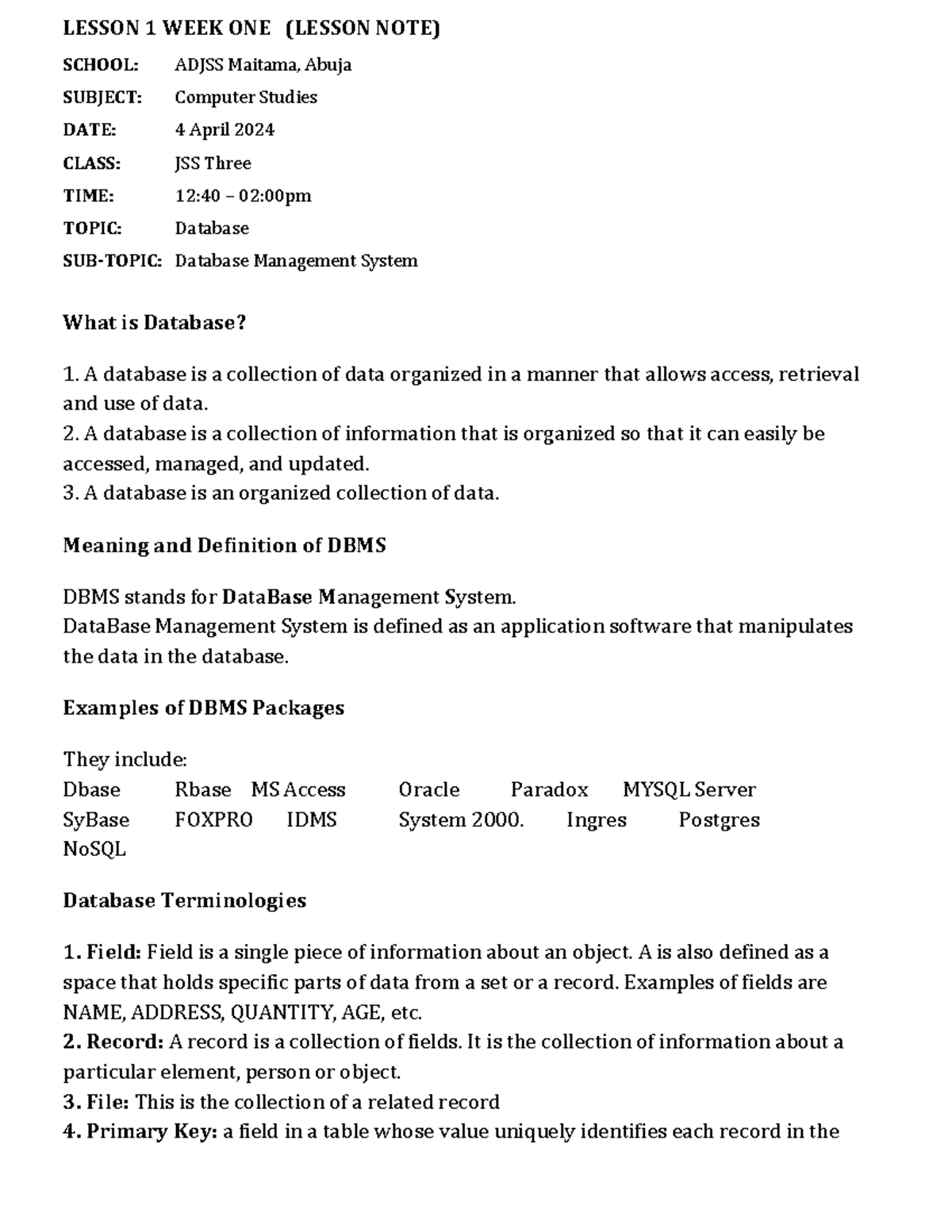 JSS3 Computer Studies Lesson 1: Introduction to Databases - Studocu