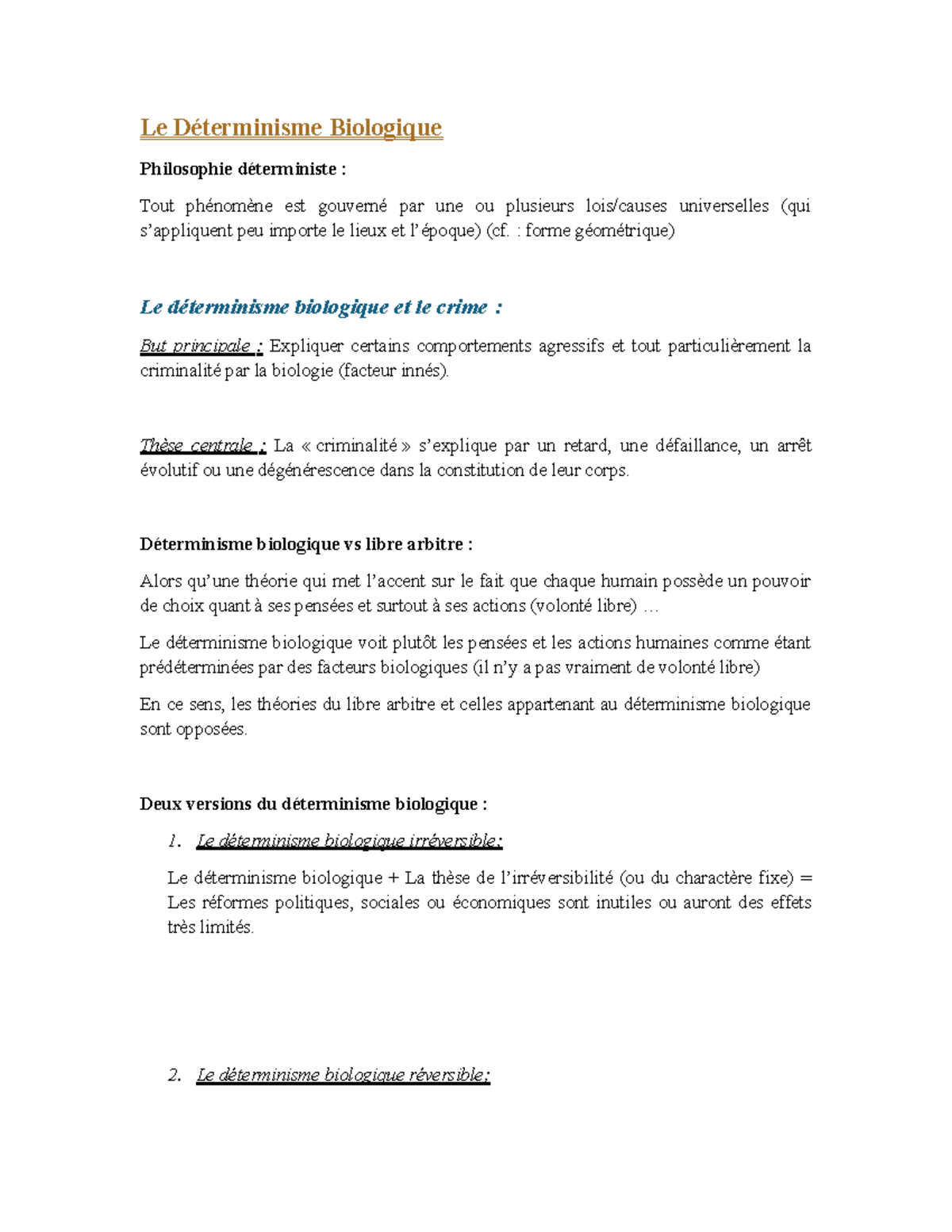 Criminologieexamfinal - Le Déterminisme Biologique Philosophie ...