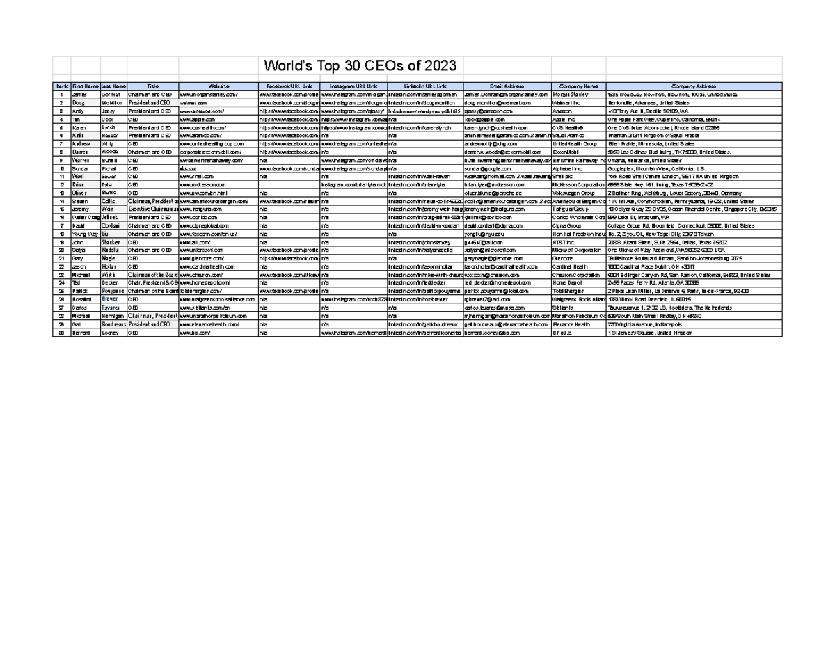 World TOP 30 CEOs - Sheet 1 - World’s Top 30 CEOs of 2023 Rank First ...