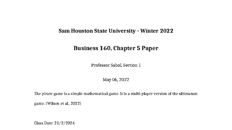 Business 160 Winter 2022: Chapter 5 Paper on Pirate Game Dynamics - Studocu