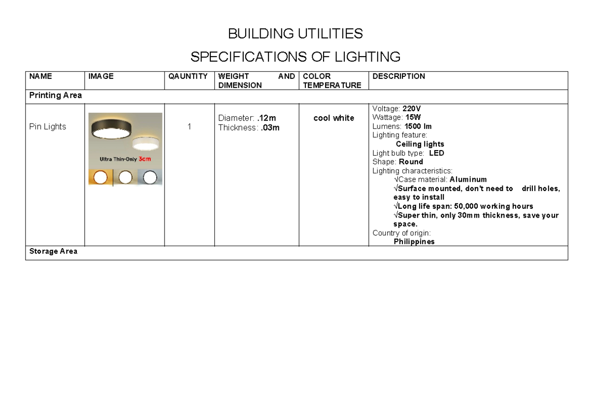 Building Lighting Specifications