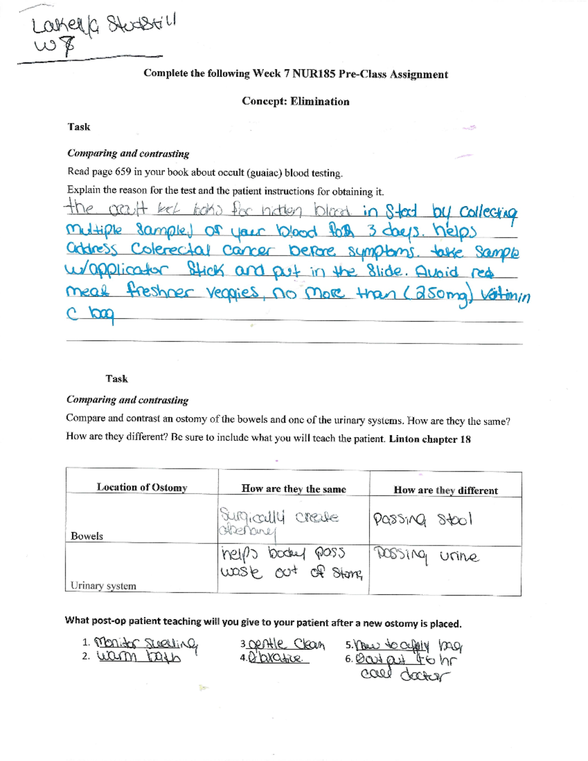 NUR185 Week 7 Pre-Class Assignment on Elimination & Patient Care - Studocu