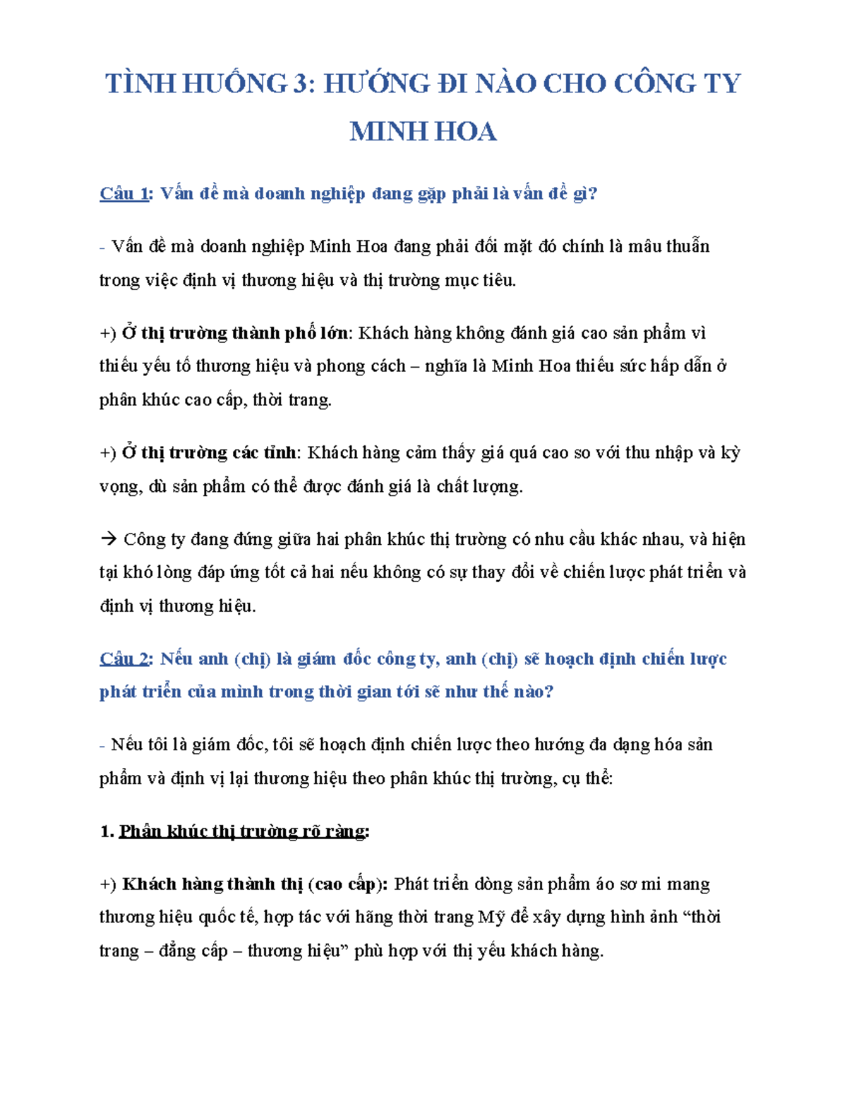 Tình Huống 3: Chiến Lược Phát Triển Công Ty Minh Hoa - QTH - Studocu
