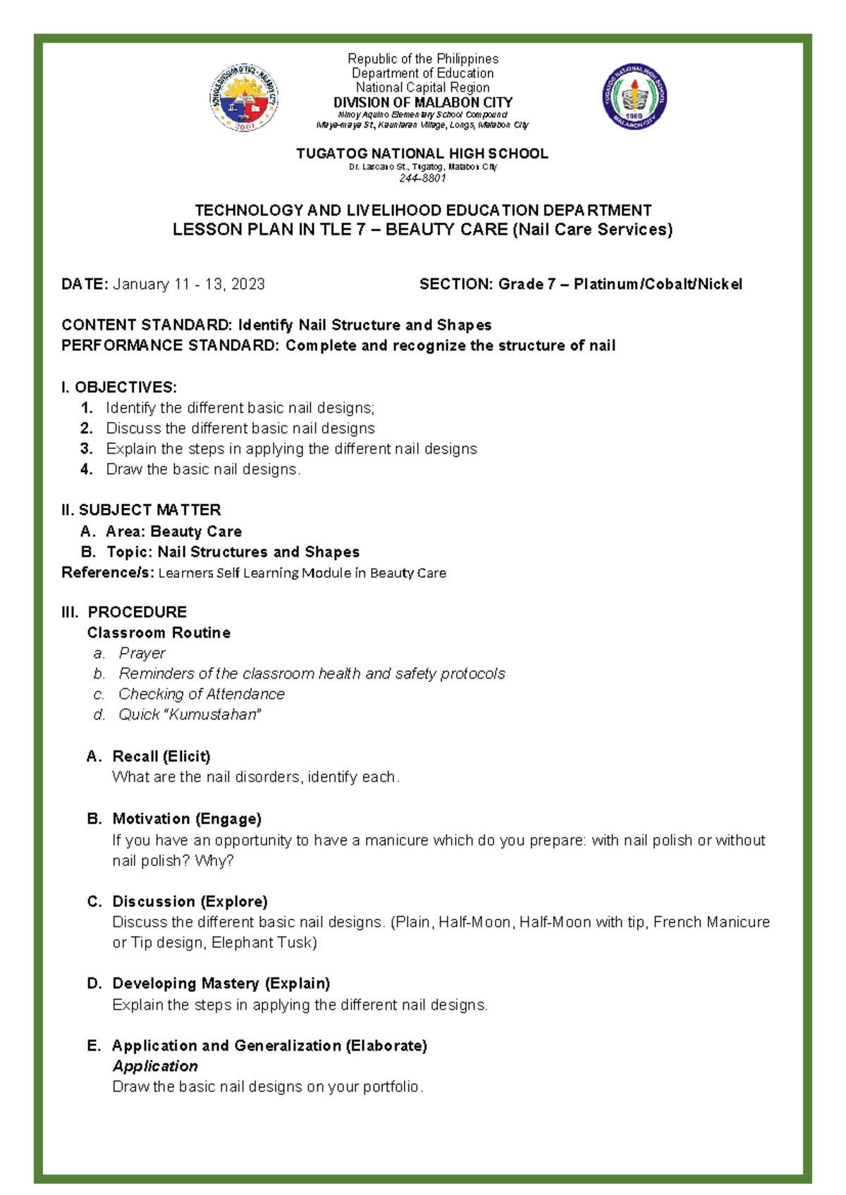 Lesson Plan in Beauty Care Week 7 - Republic of the Philippines ...