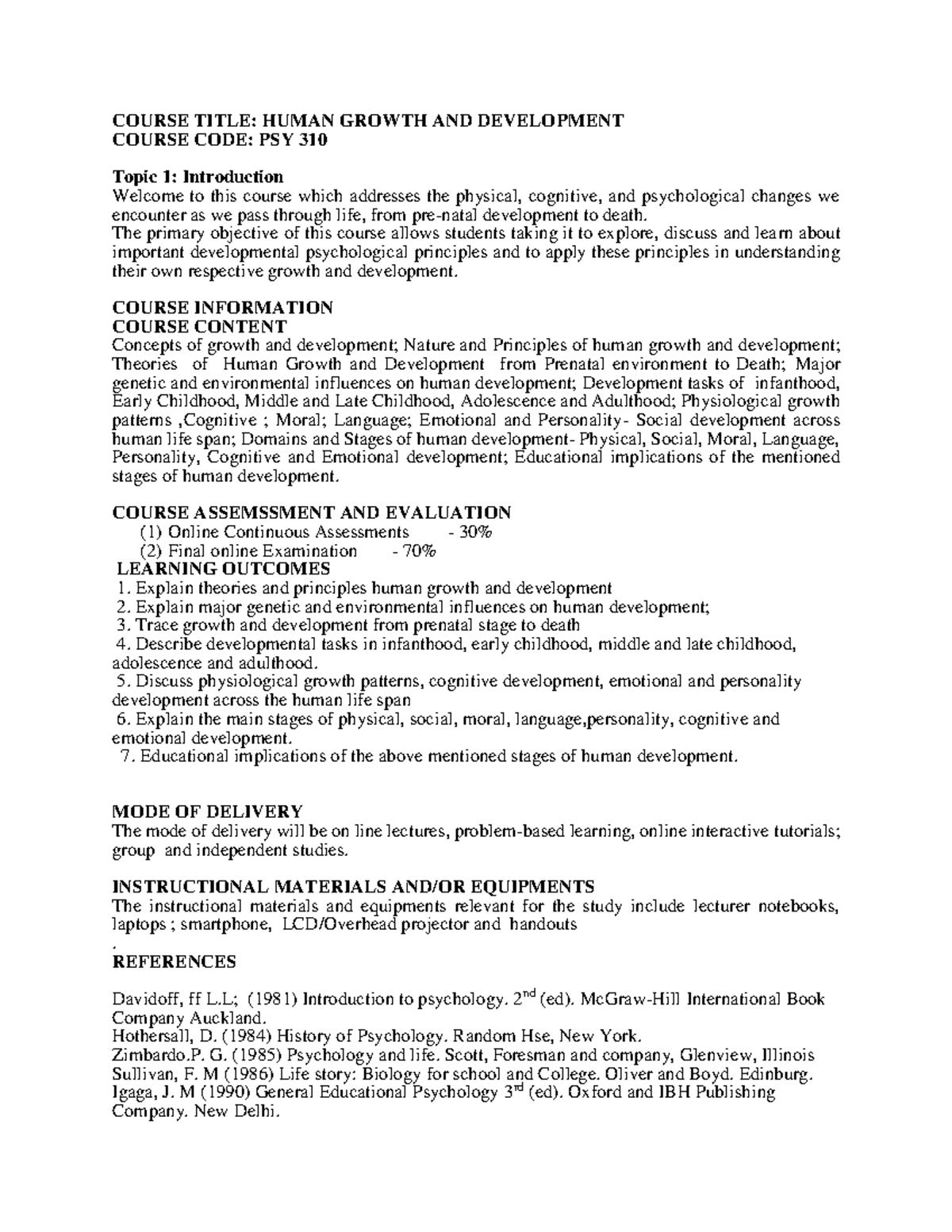 PSY 310 - Comprehensive Overview of Human Growth & Development - Studocu