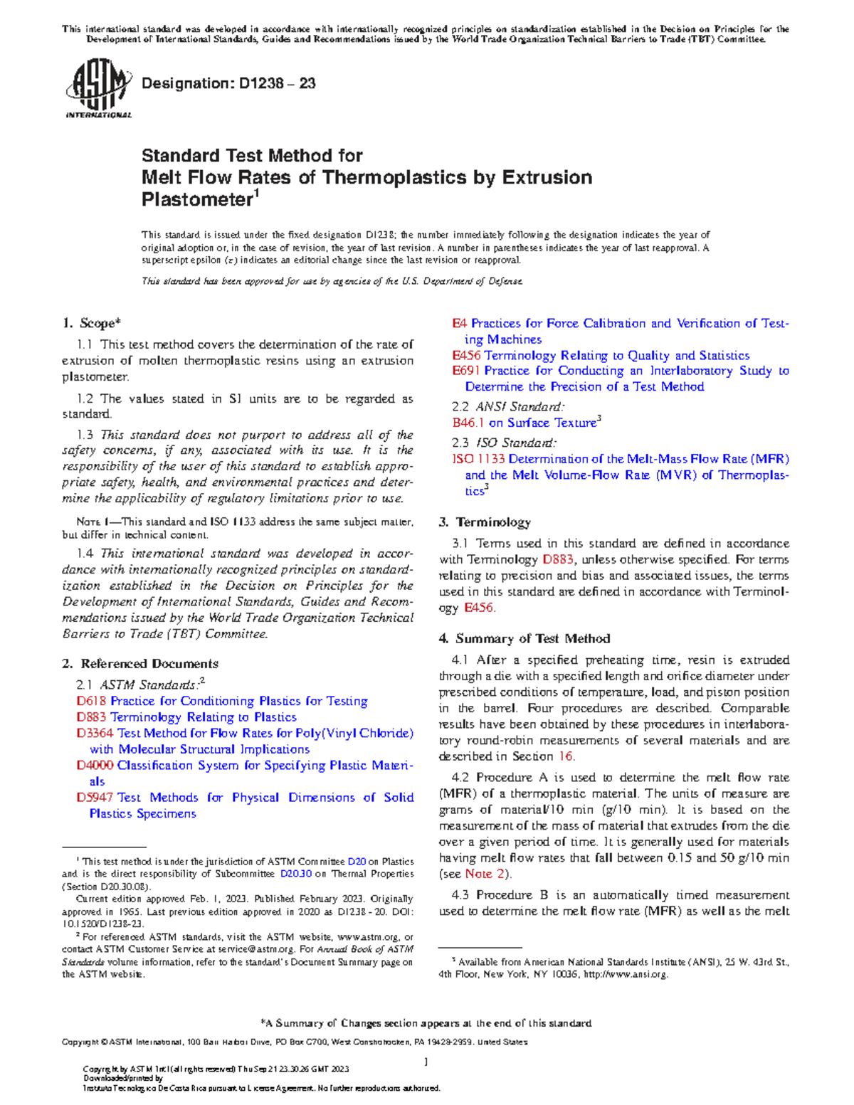 D1238-23 Standard Test Method for Melt Flow Rates of Thermoplastics ...