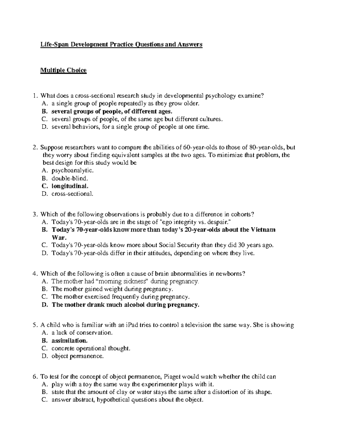 Life Span Development PSY 101 Practice Questions & Answers - Studocu