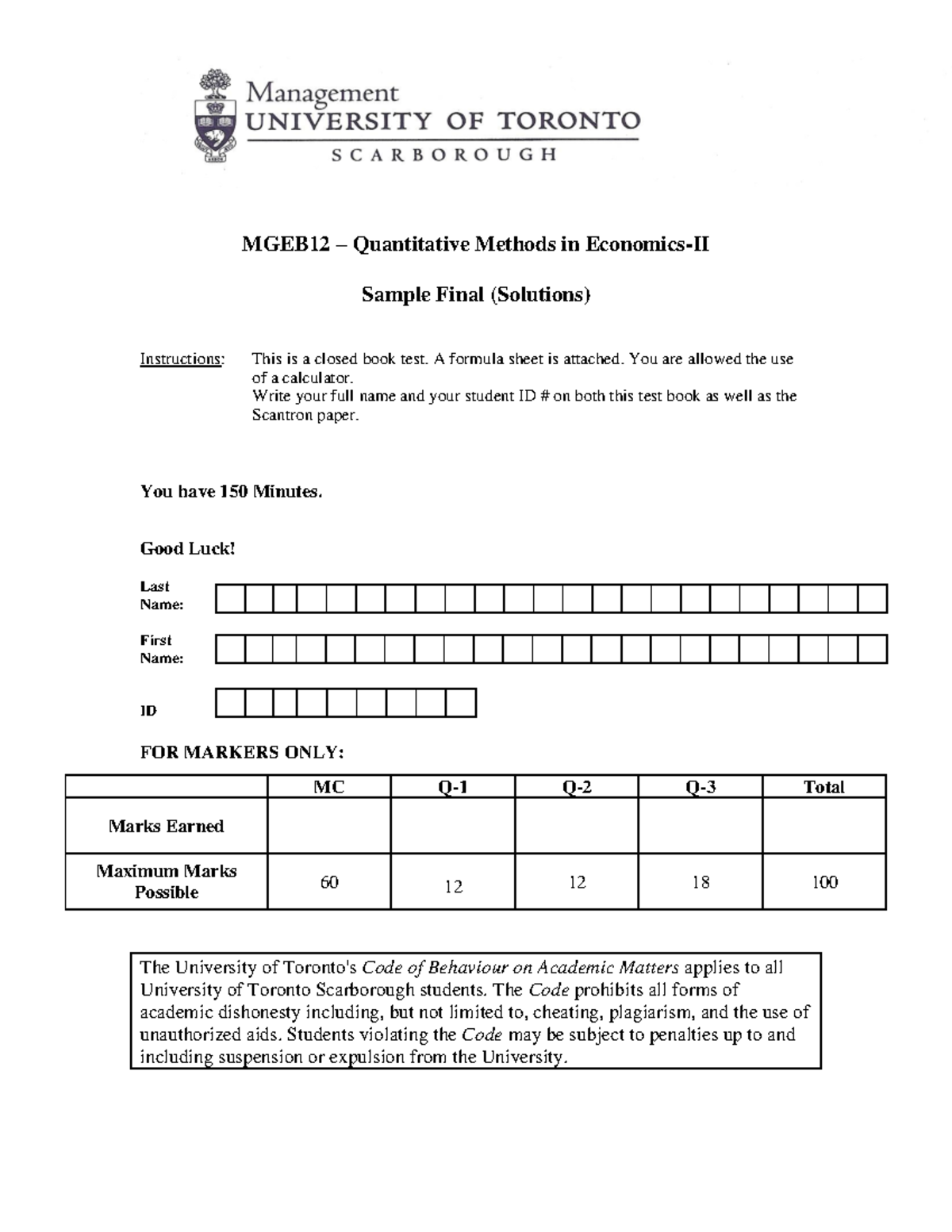 MGEB12-Sample Final Exam Solutions for Quantitative Methods in ...