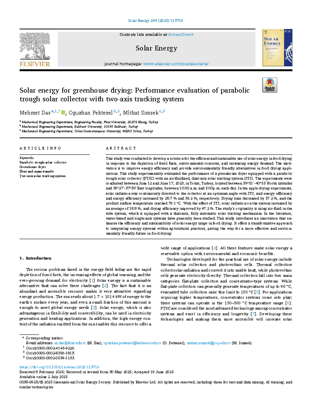 Performance Evaluation of Parabolic Trough Solar Collector for ...