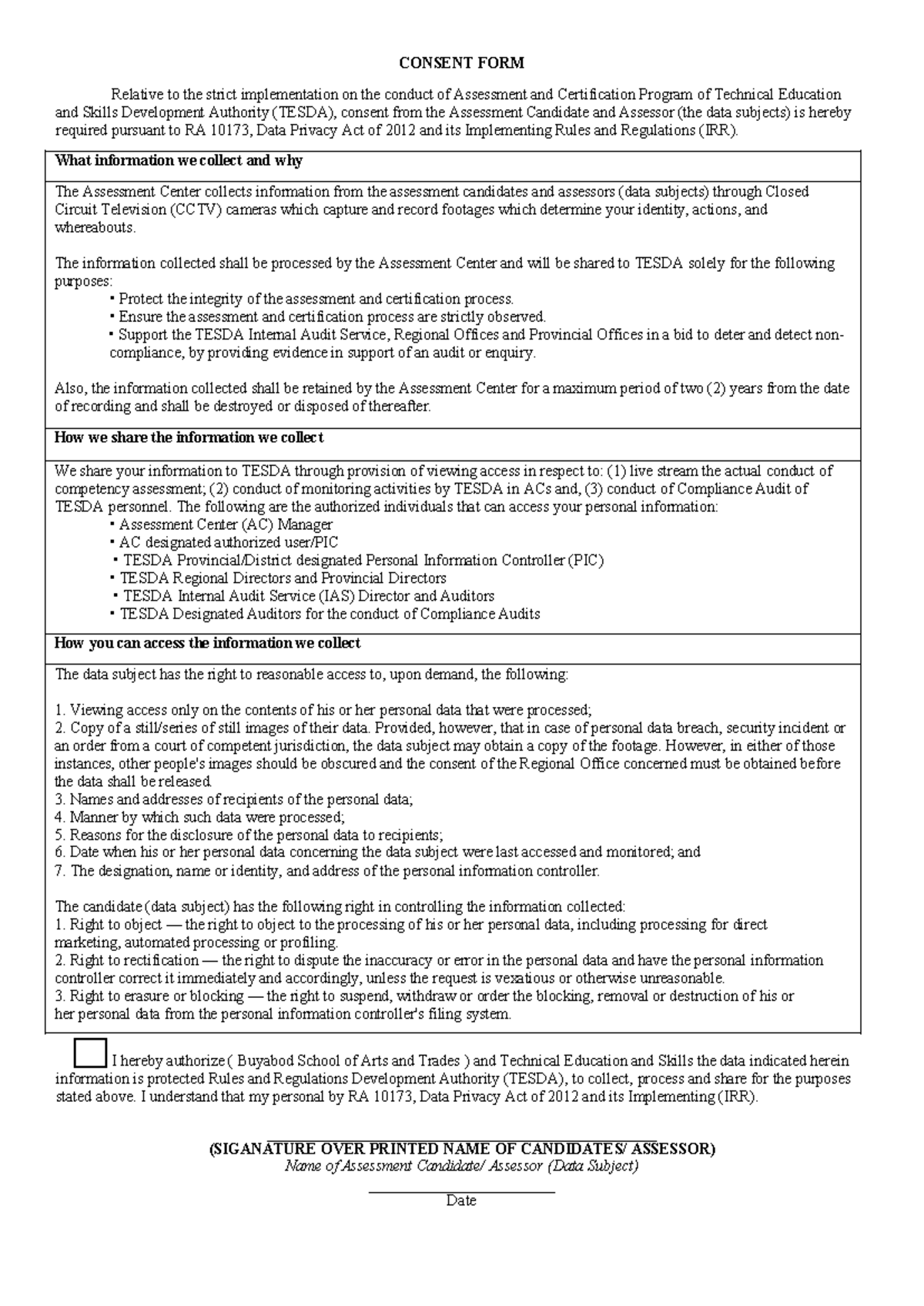 Consent Form for Assessment Candidates and Assessors: TESDA Guidelines ...