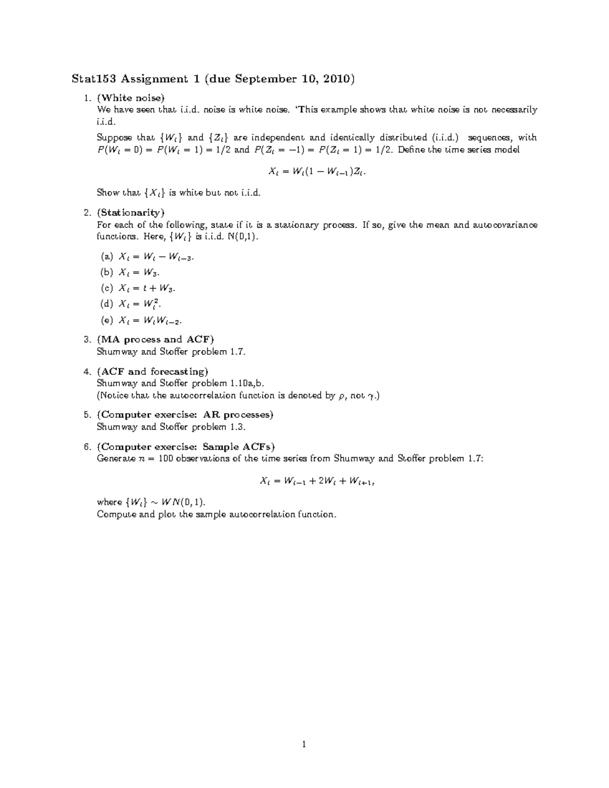 Stat153 Hw1 - Time Series Practice Problems and Solutions - Studocu