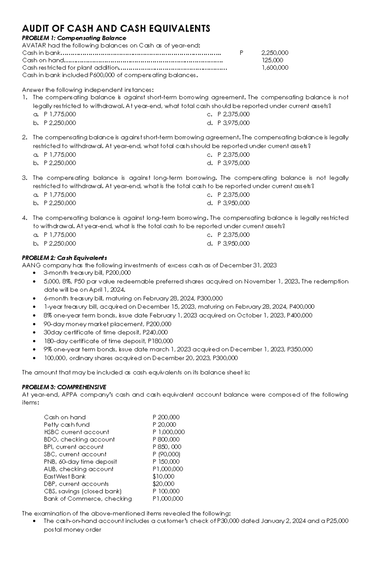HO 1 - Cash and Cash Equivalents: Comprehensive Problems and Solutions ...