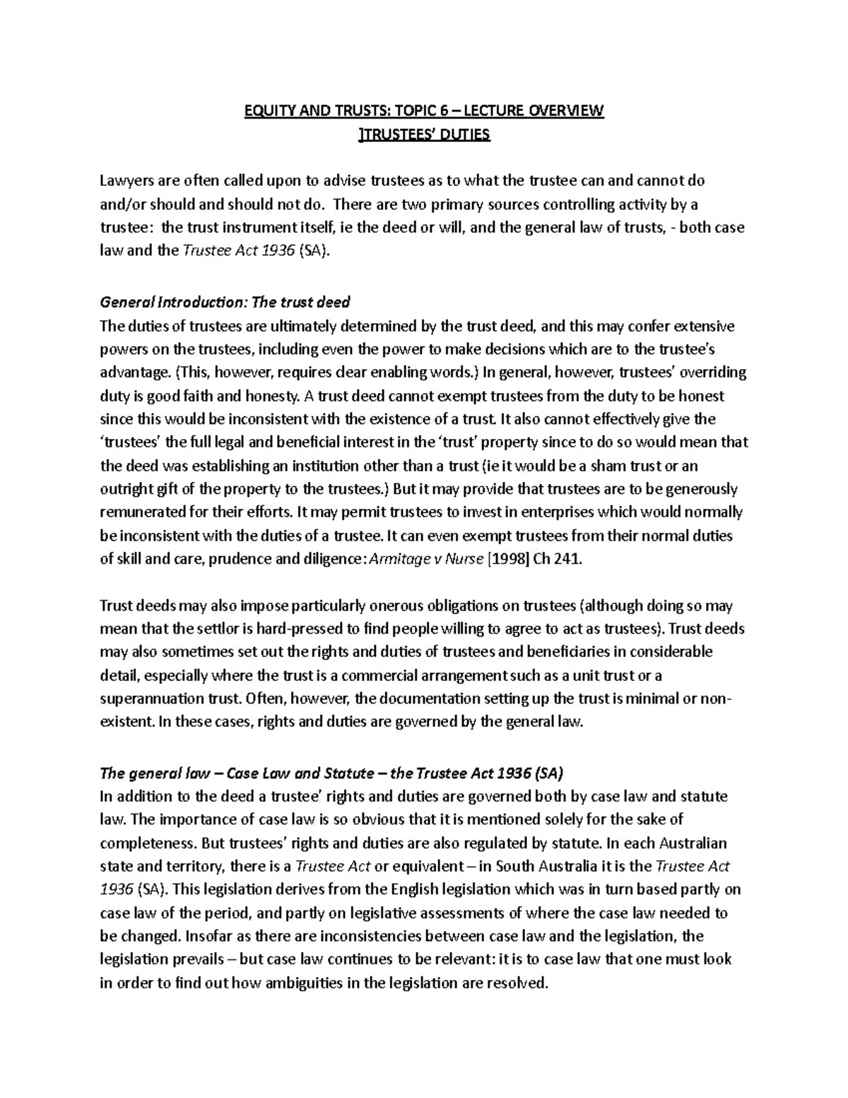 Trustee Duties Overview - Equity and Trusts Topic 6 Lecture Notes - Studocu