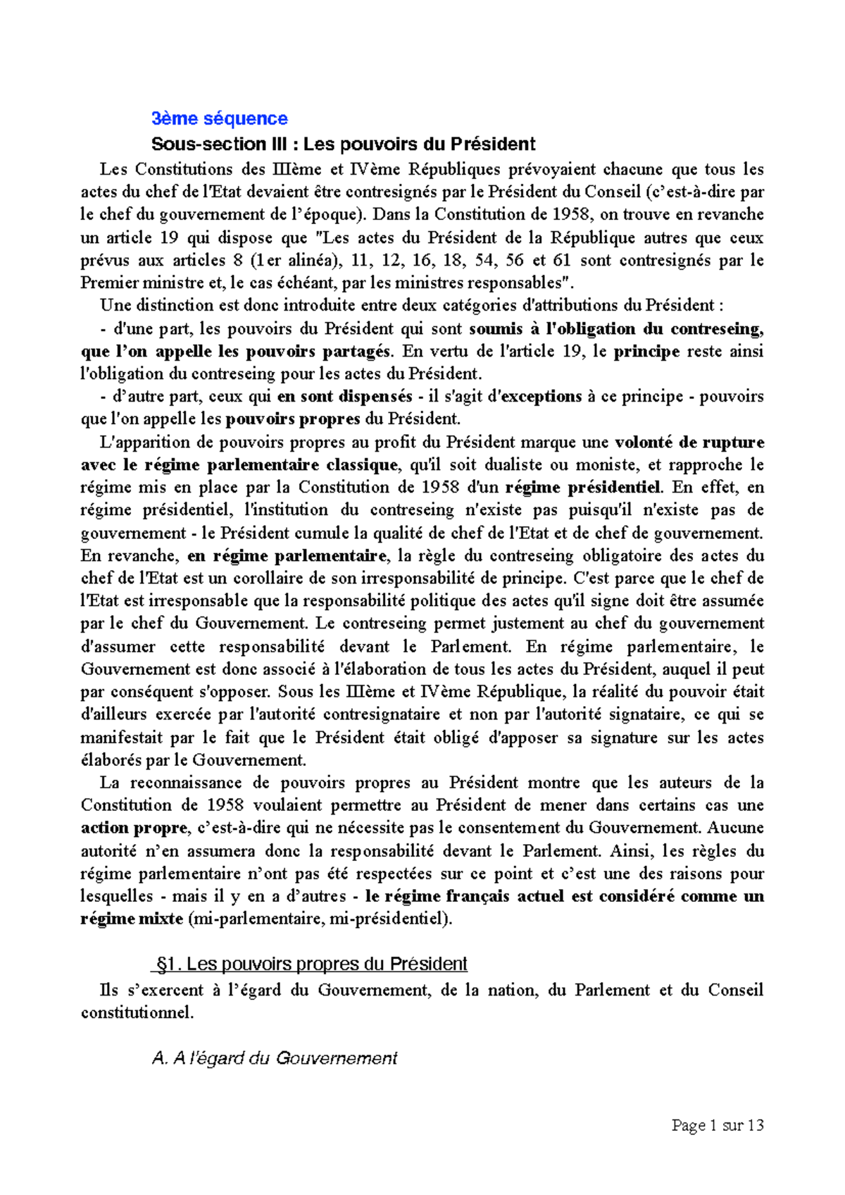 3ème Séquence : Les Pouvoirs du Président sous la Vème République - Studocu